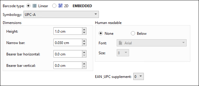 An example configuration for a UPC-A barcode.